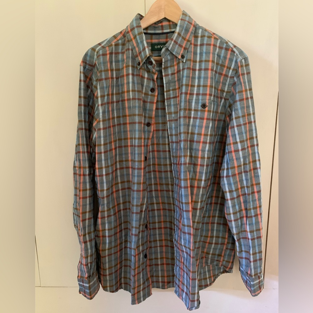 Orvis Men's Blue and Orange Plaid Shirt